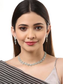 ZENEME - Rhodium Plated Silver Turquoise American Diamond Studded Flower Jewellery