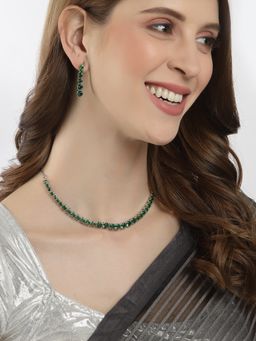 ZENEME - Rhodium Plated Silver Green American Diamond Intricated Round Jewellery