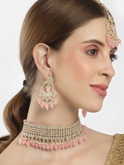 ZENEME - Gold Plated Kundan Pink Pearl Beaded Necklace with Earring Jewellery