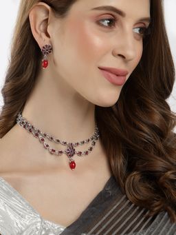 ZENEME - Oxidised Silver-Plated Red Ad-Studded Pearl Beaded Jewellery Set