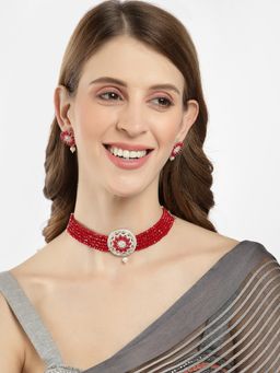 ZENEME - Silver-Plated Oxidized Ad Red Crystal Multistrand Jewellery