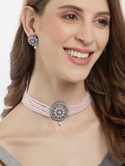 ZENEME - Silver-Plated Oxidized Ad Pink Crystal Multistrand Jewellery