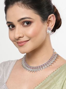 ZENEME - Silver-Plated Oxidised Pink Kundan Cz Studded Temple Coin Jewellery