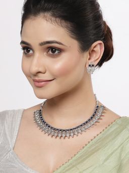 ZENEME - Silver-Plated Oxidised Royal Blue Cz Studded Temple Coin Jewellery