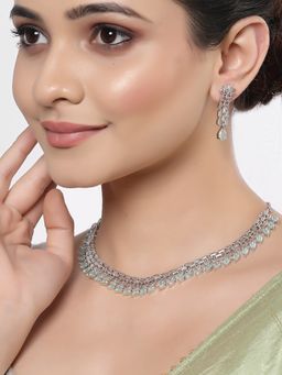 ZENEME - Silver Toned Rhodium Plated Turquoise American Diamond Leaf Jewellery