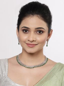 ZENEME - Silver Toned Rhodium Plated Green American Diamond Leaf Jewellery