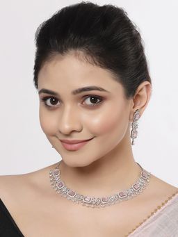 ZENEME - Rhodium-Plated Silver Toned Pink American Diamond Jewellery