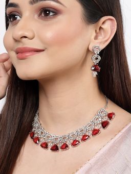 ZENEME - Rhodium-Plated Silver Toned Vibrant Triangle Red Crystal Ad Jewellery