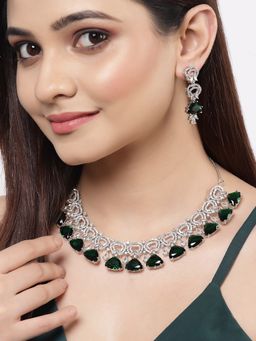 ZENEME - Rhodium-Plated Silver Toned Vibrant Triangle Green Crystal Ad Jewellery