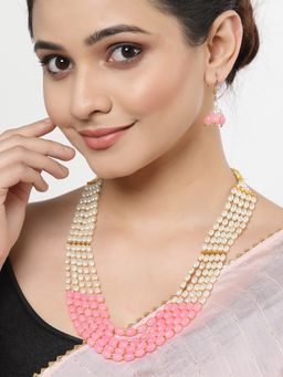 ZENEME - Gold Plated 5 Layered Pink Multistrand Ethnic Long Necklace and Earring for Women