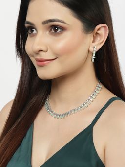 ZENEME - Rhodium-Plated Silver Toned Turquoise American Diamond Jewellery