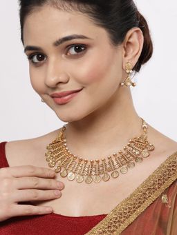 ZENEME - Gold-Plated Gold Toned Pearl Studded Temple Style Temple Coin Jewellery