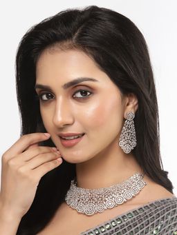 ZENEME - Silver-Plated White Ad Choker Necklace with Earrings Jewellery