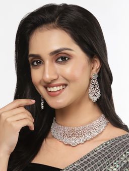 ZENEME - Silver-Plated Pink Ad Choker Necklace with Earrings Jewellery