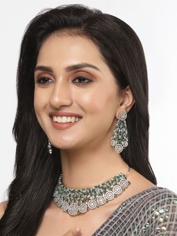 ZENEME - Silver-Plated Green Ad Choker Necklace with Earrings Jewellery