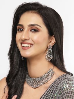 ZENEME - Rose Gold Plated Gunmetal Toned Green Ad Choker Crystal Jewellery