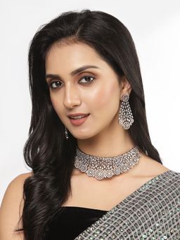 ZENEME - Rose Gold Plated Gunmetal Toned Green Ad Choker Crystal Jewellery