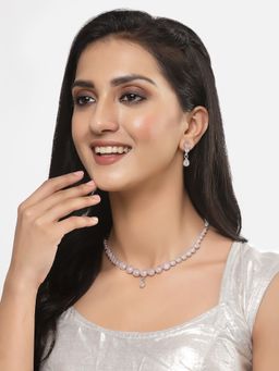 ZENEME - Antique Oxidised Silver-Plated Pink Cz Green Necklace Jewellery