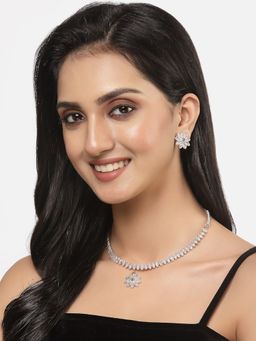 ZENEME - Antique Oxidised Silver-Plated Pink Cz Flower Jewellery