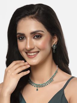 ZENEME - Antique Oxidised Silver-Plated Green Cz Flower Jewellery