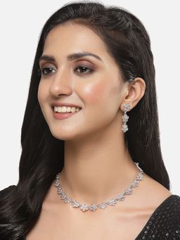 ZENEME - Silver Plated Oxidised Luxurious Pink Cz Flower Shaped Jewellery