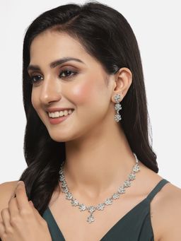 ZENEME - Silver Plated Oxidised Luxurious Green Cz Flower Shaped Jewellery