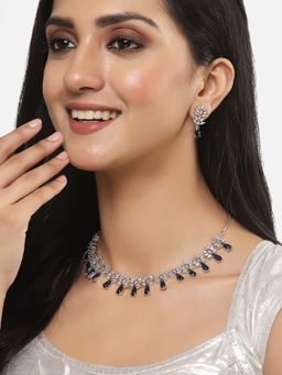 ZENEME - Rhodium-Plated Silver Toned Blue American Diamond Jewellery