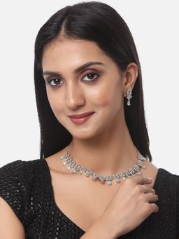 ZENEME - Rhodium-Plated Silver Toned Turquoise American Diamond Jewellery