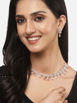 ZENEME - Rhodium-Plated Silver Toned Pink American Diamond Jewellery