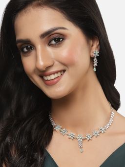 ZENEME - Rhodium-Plated Silver Toned American Diamond Flower Necklace Jewellery