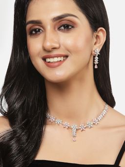 ZENEME - Rhodium-Plated Silver Dual Colour American Diamond Flower Jewellery