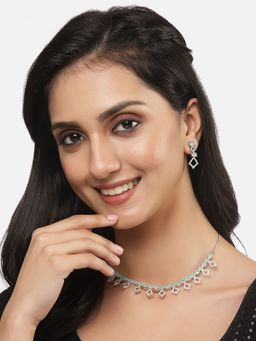 ZENEME - Rhodium-Plated Silver Toned Turquoise American Diamond Rectangle