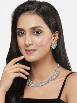ZENEME - Antique Silver Tone Oxidised White Cz Studded Floral Necklace and Earring for Women