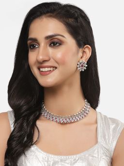 ZENEME - Antique Silver Tone Oxidised Red Cz Studded Floral Necklace and Earring for Women