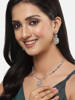 ZENEME - Rhodium Plated Silver Turquoise American Diamond Pendant Style Necklace