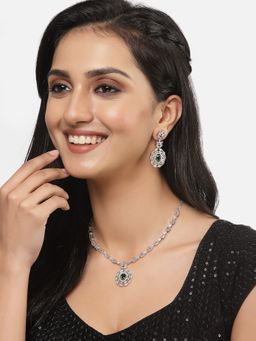 ZENEME - Rhodium Plated Silver Blue American Diamond Pendant Style Necklace