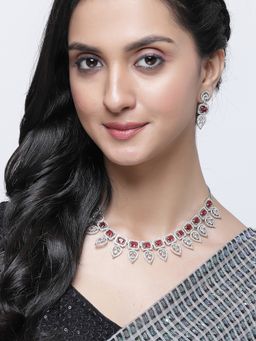 ZENEME - Silver Plated Red Ad Crystal Studded Leaf Shaped Jewellery