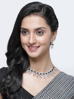 ZENEME - Silver Plated Blue Ad Crystal Studded Leaf Shaped Jewellery