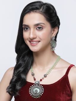 ZENEME - Antique Silver Tone Oxidised Green Beaded Necklace and Earring Jewellery