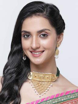 ZENEME - Gold-Plated Green Pearl Minakari Choker Necklace