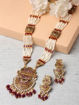 ZENEME - Gold-Plated Multistrand Beads Minakari Pendant Long Red Jewellery