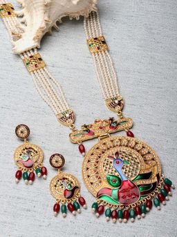 ZENEME - Gold-Plated Multistrand Beads Minakari Pendant Long Peacock Jewellery