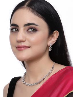 ZENEME - Silver Plated Elegant Floral Pink Ad Rhodium Necklace Earring Jewellery From Women