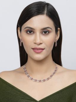 ZENEME - Silver Plated Elegant Floral Red Ad Rhodium Necklace Earring Jewellery From Women