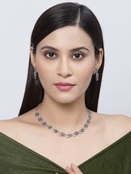 ZENEME - Silver Plated Elegant Floral Blue Ad Rhodium Necklace Earring Jewellery From Women