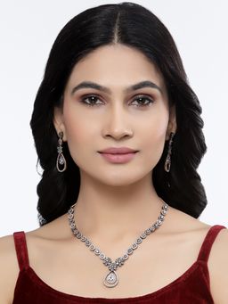 ZENEME - Rose Gold Oxidised White Crystal Ad Tear Floral Tear Drop Jewellery