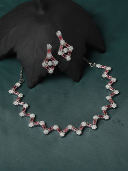 ZENEME - Rhodium-Plated Silver Toned Red American Diamond Trendy Minimal