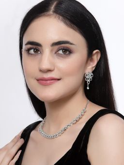 ZENEME - Rhodium-Plated Silver Toned Turquoise American Diamond Leaf Jewellery