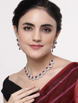 ZENEME - Rhodium Plated Silver Toned Red American Diamond Dazzling Jewellery