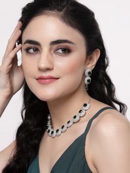 ZENEME - Rhodium Plated Silver Toned Green American Diamond Dazzling Jewellery